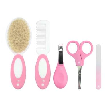 Imagem de Kit de higiene para bebês e crianças com 5 peças e escova com cerdas naturais Rosa