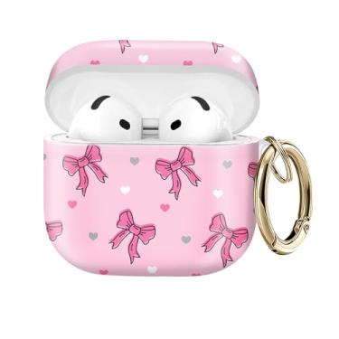 Imagem de Capa protetora compatível com AirPod 4 com chaveiro dourado para AirPods de quarta geração de 2024. Capa protetora de fone de ouvido sem fio à prova de choque, poeira (laço rosa)