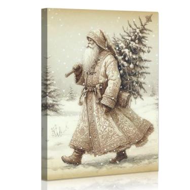 Imagem de Annual Ring Decoração de arte de parede em tela de Natal vintage Papai Noel carregando a árvore de Natal decoração de parede de Natal emoldurado/pôster grande impressões de arte de Natal 30,5 x 40,6