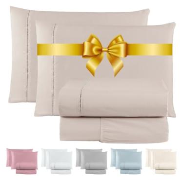 Imagem de Jogo de Lençol 600 Fios Cama Solteiro Casal Queen e King Premium Extra Macio - Roupa De Cama Antiácaro (Caqui, King 4 Peças)