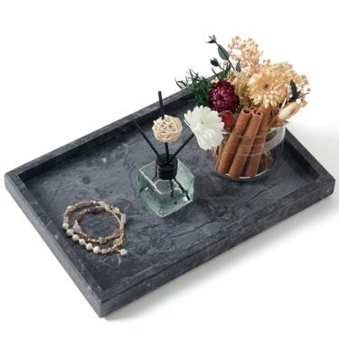 Imagem de MULWR Bandeja de banheiro de mármore, bandeja de mármore natural puro, bandeja de mármore para balcão de cozinha, não cerâmica/sem resina, bandeja de pedra 30 x 20 cm (preto)