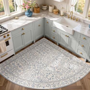 Imagem de jinchan Tapete de canto 15 x 15 cm, tapete floral macio e estético, antiderrapante, lavável à máquina, para entrada, quarto, quarto, cozinha, faculdade, dormitório, azul/creme