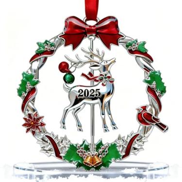 Imagem de Enfeite de Natal 2025 para decorações de pendurar na árvore datada de 2025, enfeite de guirlanda de Natal com rena rotativa, enfeite de Natal para presentes de lembrança decorativos de Natal