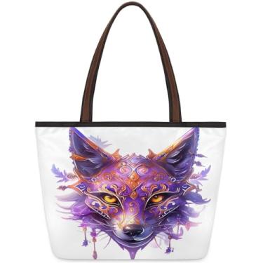 Imagem de Bolsa grande para mulheres animal lobo roxo abstrato saco de pano de trabalho com zíper reutilizável mercearia bolsas de mão casual viagem durante a noite bolsas adequadas para viagens, trabalho