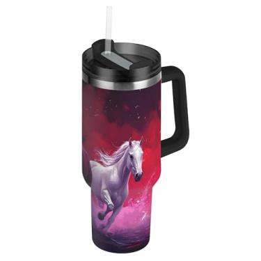 Imagem de SEHANY Copo Majestic Horse de 850 g com tampa e canudo, aço inoxidável de vácuo duplo isolado garrafa de água esportiva suporte de copo de café de viagem à prova de vazamento para bebida gelada