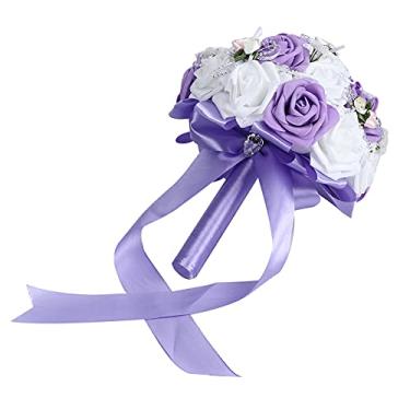 Imagem de YOUTHINK Buquê de Casamento Artificial, Decoração de Flores de Seda, Perfeito para Noivas, Design Elegante Com Pérolas Artificiais, Comprimento de 10,2 pol., Ideal para Casamentos (Roxo)