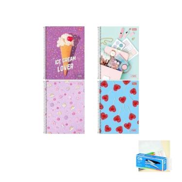 Imagem de Kit Caderno Universitário Vibe Feminino 80F Tilibra + Caneta Esferográfica Pote 24 Unidades + Grampeador Alicate S-150