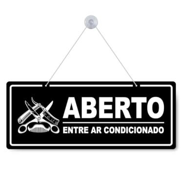 Imagem de Placa Dupla Face Aberto/Fechado para Barbearia, 30x12cm, PS 1mm, Impressão UV, Preto e Branco, com Ventosa e Corda