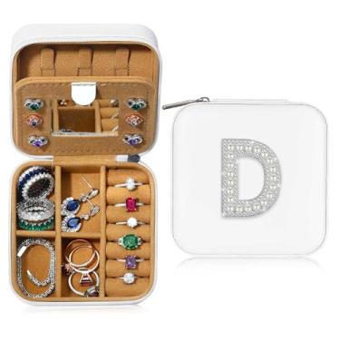 Imagem de Caixa de joias de viagem, caixas de joias com inicial para mulheres, presentes de aniversário para mulheres, presentes de Natal personalizados rosa fofos para ela, estojo de joias de viagem, portátil