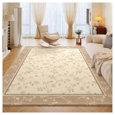 Imagem de SPXMQSS Tapetes florais laváveis, tapete vintage para sala de estar, antiderrapante, pilha baixa, não cai, fácil de limpar para sala de estar, quarto, sala de jantar, escritório em casa - bege preto K