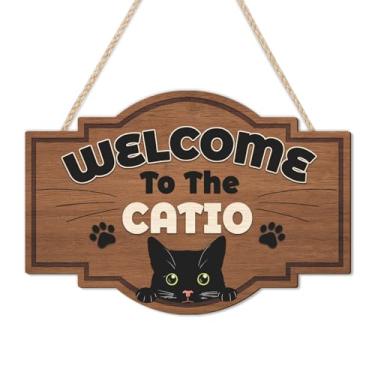 Imagem de HLNIUC Placa de madeira Welcome To The Catio (28 cm x 20 cm) decoração de parede de gatos pretos engraçados, placas de porta de gato preto fofas, placa suspensa para varanda de gatos casa, placa de