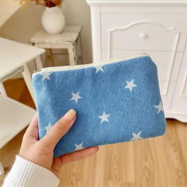 Imagem de Bolsa de moedas com estampa de estrela – Bolsa de maquiagem compacta para viagem, porta-batom, carteira para chaves e organizador de cartões, Azul escuro