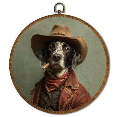 Imagem de Decoração vintage de arte de parede redonda 25 x 25 cm, arte de parede de retrato de labrador ocidental emoldurada decoração de caubói, presente engraçado para amantes de cães, arte country western