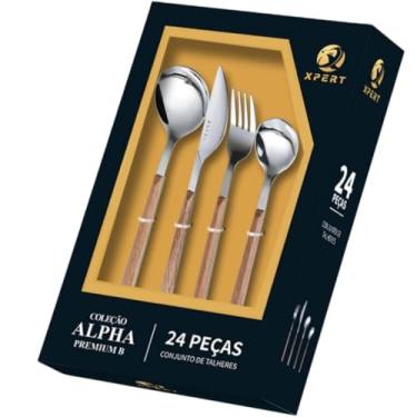 Imagem de Conjunto de Talheres 24 Peças em Aço Inox com Cabo Tipo Madeira, Inclui Garfos, Facas para Churrasco e Colheres, Cor Inox, 789g