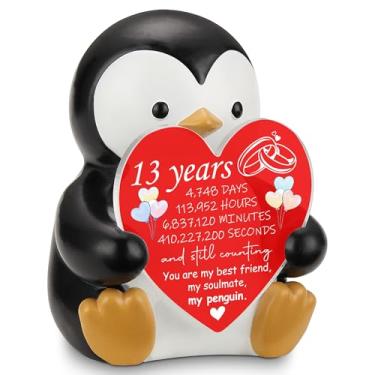 Imagem de Estatueta de pinguim de aniversário de 13 anos com placa de coração, presente para namorada, namorado, marido, esposa, decoração de mesa fofa para casais, lembrança sentimental para celebração do