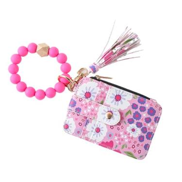 Imagem de Carteira feminina Boho com contas de pulso – Porta-cartões com estampa floral com borla, pulseira de contas de silicone, porta-chaves com zíper e porta-moedas para identidade para mulheres, Rosa