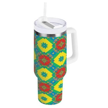 Imagem de Kigai Copo de 850 g com alça, lindos copos de cerâmica coloridos isolados com tampa e canudo, garrafa de água esportiva de metal grande, caneca de café de viagem de aço inoxidável