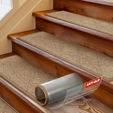 Imagem de MBIGM 20,32 cm x 76,20 cm Tapete de escada para degraus de madeira (pacote com 15) – Tapete de segurança antiderrapante com conforto de pelúcia macia – corredor interno antiderrapante resistente para crianças, idosos e animais de estimação – Adesivo reutilizável – Cornstalk