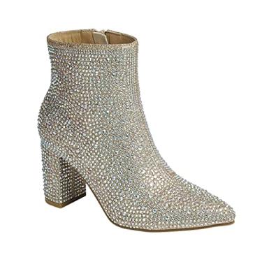 Imagem de ABSOLEX Bota feminina de salto médio com strass e bico fino, Champanhe, 35