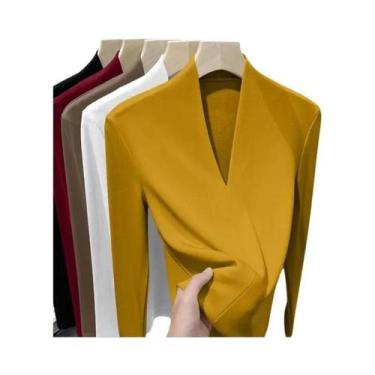 Imagem de Camiseta De Veludo plus Size Feminina De Manga Longa Com Decote Em V, 