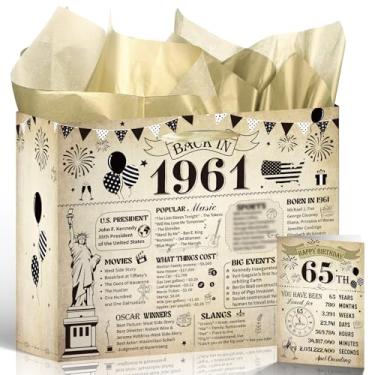 Imagem de Wxiben Bolsa de presente de aniversário de 65 anos – Decorações de aniversário de 65 anos, saco de embrulho vintage com alças de papel de seda para mulheres de 65 anos de idade em 1961 suprimentos de