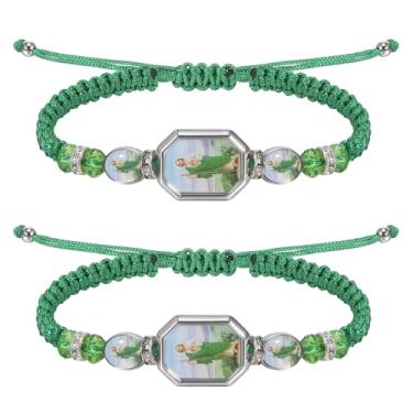 Imagem de Weyuley Pulseira de oração de São Judas verde, feita à mão, mexicana, ajustável, estilo religioso, 2 peças, adequada para homens e mulheres usarem