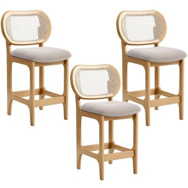 Imagem de Kit 3 Banquetas Baixa Bar Cozinha Sala De Jantar Betta L02 Mel Tela Bouclê Creme - Lyam Decor