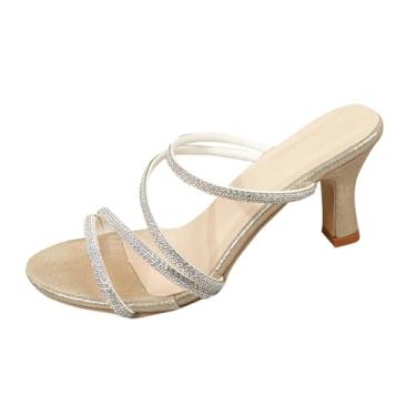 Imagem de Sandálias femininas de salto alto de bico redondo para uso casual e versátil primavera verão confortável lazer ao ar livre sem caixa de sapatos, Dourado, 35