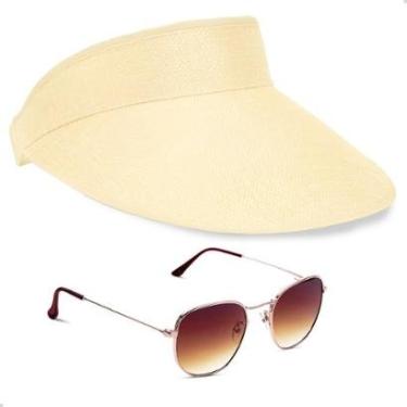 Imagem de Kit Óculos de Sol Hexagonal Clássico + Viseira Feminina Moda Verão Praia-Feminino