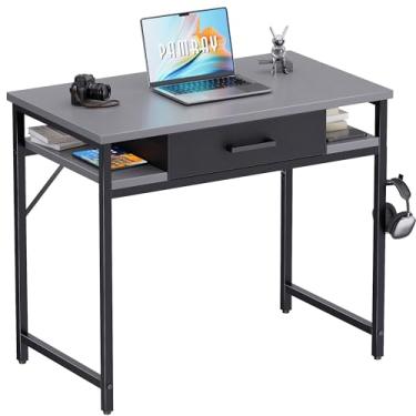 Imagem de Pamray Mesa pequena para computador de 81 cm com gaveta e prateleiras, mesa de trabalho simples para quarto, cinza