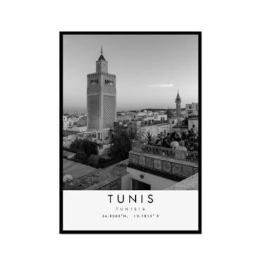 Imagem de Pôster de viagem preto e branco impresso paisagem da cidade do mundo pintura em tela Tunis Wall Art Picture Decoração de casa (16 x 24 polegadas (40 x 60 cm), moldura para fotos)