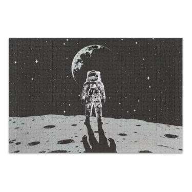 Imagem de Astronauta Lua Sombra Negra Quebra-cabeças exclusivos com letras nas costas para adultos 1000 peças