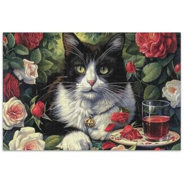 Imagem de Quebra-cabeças de rosas e gatos com flores, 500 peças para presentes adultos para amantes de quebra-cabeças, brinquedos artísticos, pintura de brinquedo
