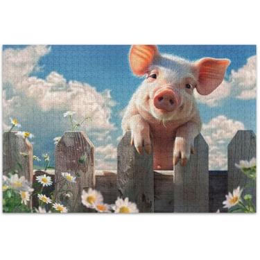 Imagem de Quebra-cabeça floral animal porco fofo 500 peças para adultos, amigos, família, jogos, presentes, paisagem, decoração de casa, arte de 51 x 35 cm