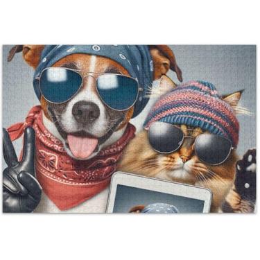 Imagem de Quebra-cabeça engraçado animal selfie cachorro gato 500 peças para adultos presentes tecnológicos de jogo personalizado cena de inverno arte decoração pintura, 50 x 37 centímetros