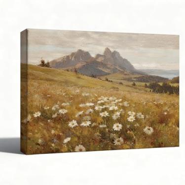 Imagem de Arte de parede em tela de paisagem, pintura a óleo de prado de flores silvestres com margaridas, impressionista, pronta para pendurar, exibição de mesa, decoração de quarto de sala de estar de fazenda