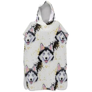 Imagem de Joisal Poncho de surfe Kawaii para cachorro Husky em aquarela para trocador de roupas de banho de praia com capuz absorvente masculino poncho com capuz