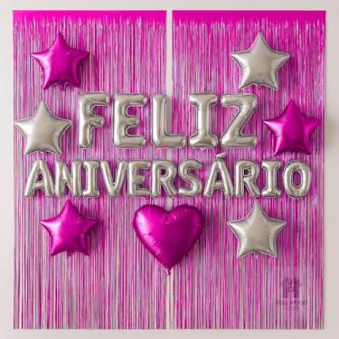 Imagem de Kit Feliz Aniversário com Cortinas Metalizadas e Balões Decorativos – Decoração Completa para Festa(Pink)