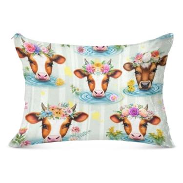 Imagem de Capa de almofada fofa com coroa de flores de vaca felpuda com zíper king queen tamanho padrão fronha de almofada deslizante para cama de sala de estar, tamanho padrão, 50,8 cm x 66 cm