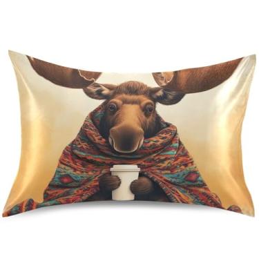 Imagem de Lindas capas de almofada de cetim engraçadas de alce padrão Queen King capas de travesseiro fofas para decoração de cama de casa, tamanho Queen, 76 cm x 50 cm