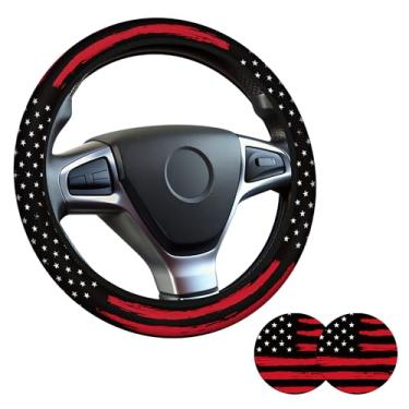Imagem de Capa de volante de linha vermelha com bandeira americana para mulheres e homens, acessórios antiderrapantes de neoprene de alta elasticidade capas de volante, universal de 38 cm para carros, SUVS