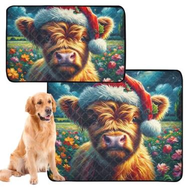 Imagem de TSENQUE Cute Highland Bezerro Natal lavável tapetes para cães tapetes à prova d 'água antiderrapante reutilizável pet cat pad absorvente almofadas de parto, médio + grande, conjunto de 2