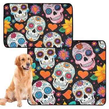 Imagem de Almofada colorida de caveira de açúcar floral preta reutilizável para gatos lavável para cães tapete impermeável para gaiola de cachorro, almofadas de penico para cães, médio + grande, conjunto de 2