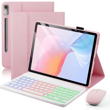 Imagem de Capa de teclado para Lenovo Tab P12 12,7 polegadas 2023/2024 capa - 7 cores arco-íris mudança retroiluminado, teclado magnético destacável com mouse - rosa