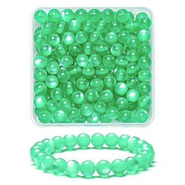 Imagem de 100 peças de contas de olho de gato lisas naturais verde-esmeralda de 8 mm, contas redondas soltas de pedra preciosa para fabricação de joias com cordão elástico de cristal (cor 13)