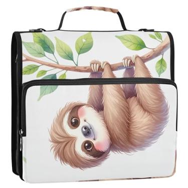 Imagem de Fichários fofos de preguiça com estampa de animais de 3,8 cm, 3 anéis, fichário com zíper, fichário organizador com alça, bolsa escolar de tecido com alça