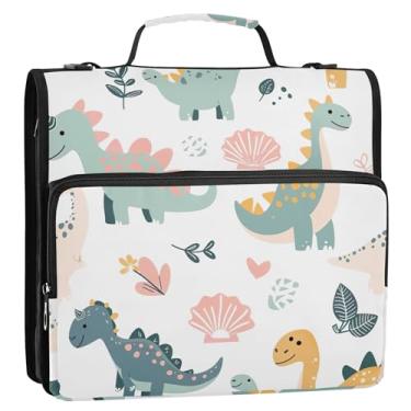 Imagem de Organizador de fichário floral safári de dinossauro verde com zíper de 3 cm para fichários escolares resistentes com alça de ombro, suporte para 500 folhas