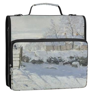 Imagem de Fichários de 3 anéis resistentes Claude Monet Magpie arte de inverno com zíper organizador de fichário escolar com alça de ombro, vários bolsos, pasta grande para portfólio