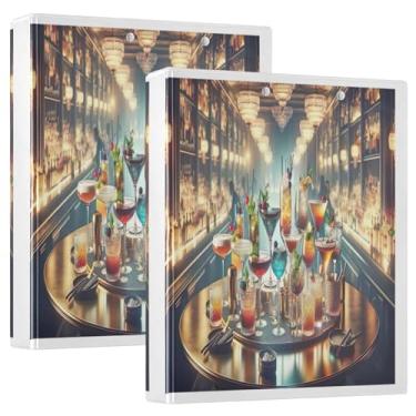 Imagem de Copos de coquetel coloridos personalizados, fichários de 3 cm, 3 argolas, 200 folhas, fichário de escritório com anel redondo, 31,5 x 27 x 6 cm, pacote com 2