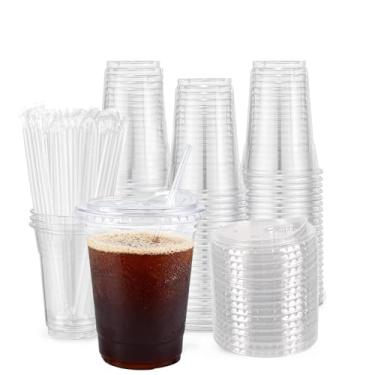 Imagem de JACNOVA Pacote com 100 - Copos de plástico transparente de 473 ml com tampas, copos de café gelado resistentes e seguros para alimentos, copos de plástico descartáveis para bebidas frias, tampas de